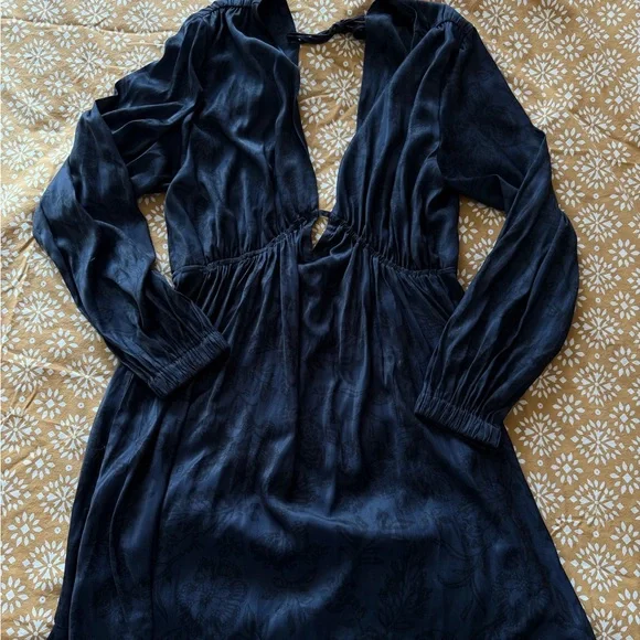 Free People Deep V Navy Mini Dress with Balloon Sleeves - Picture 2 of 4